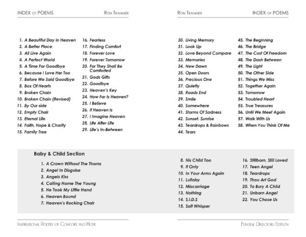table of contents for inspirational poetry of comfort and hope book by Ron Tranmer